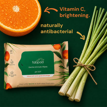 Fabpad Gentle Intimate Wipes – Lemongrass & Orange | 20 Wipes | pH 3.5 Balanced, Alcohol-Free