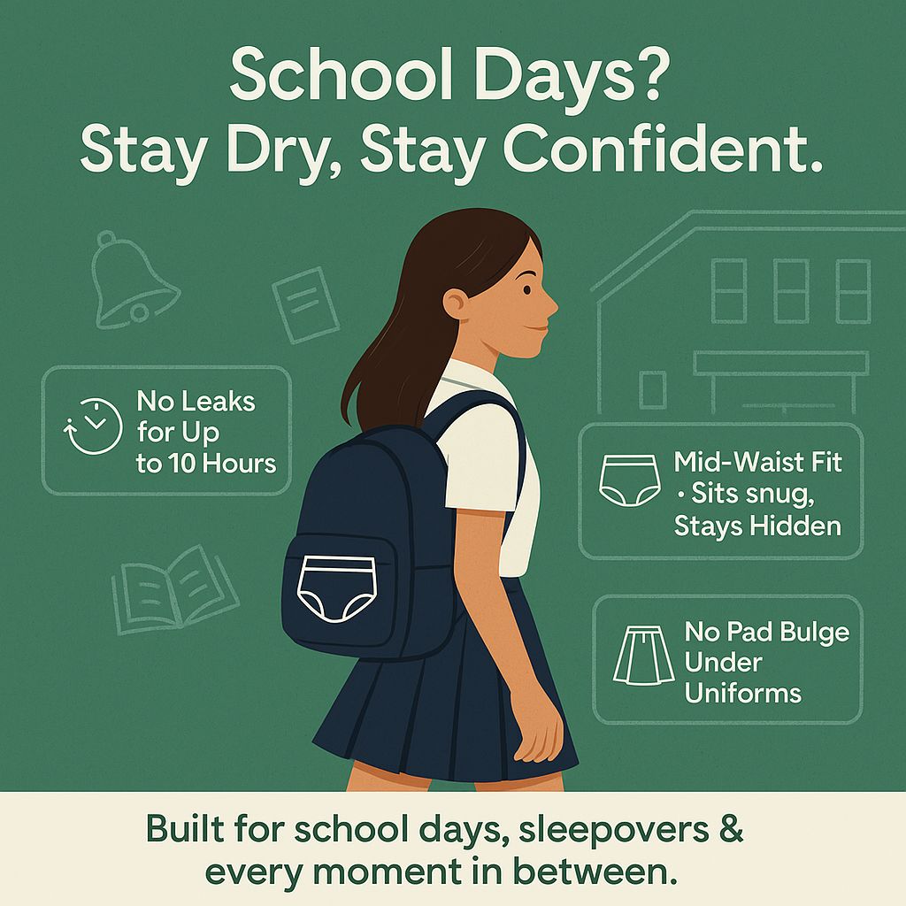 Advertisement for school days product with a girl wearing a backpack on a green background