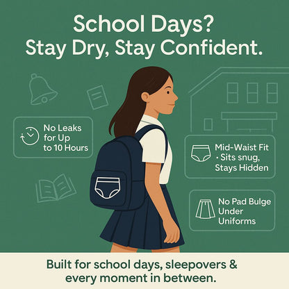 Advertisement for school days product with a girl wearing a backpack on a green background