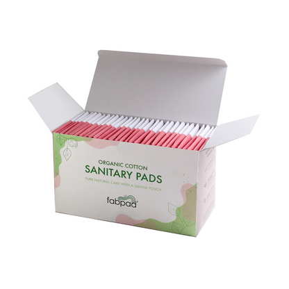 Box of organic cotton sanitary pads with visible brand name on a white background