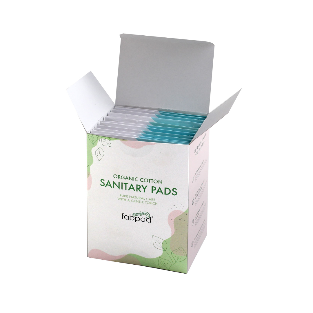 Box of organic cotton sanitary pads with visible branding on a white background