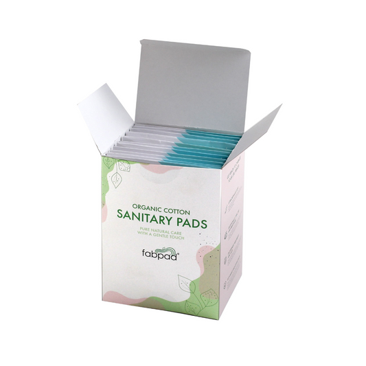 Box of organic cotton sanitary pads with visible branding on a white background