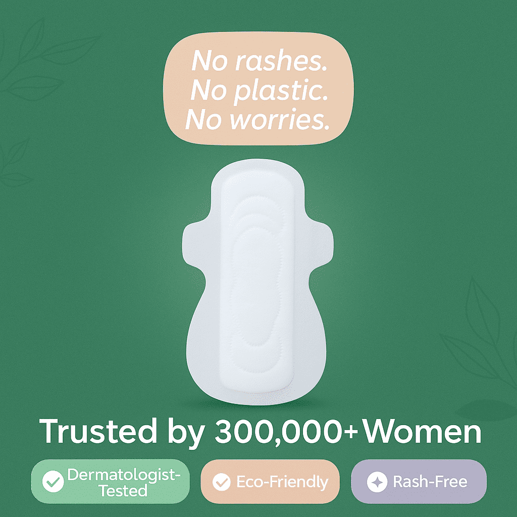 White sanitary pad on a green background with text about product benefits.