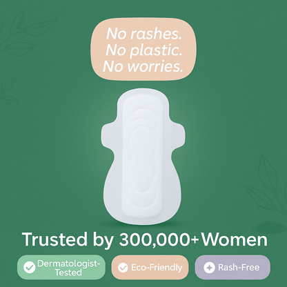 White sanitary pad on a green background with text about product benefits.