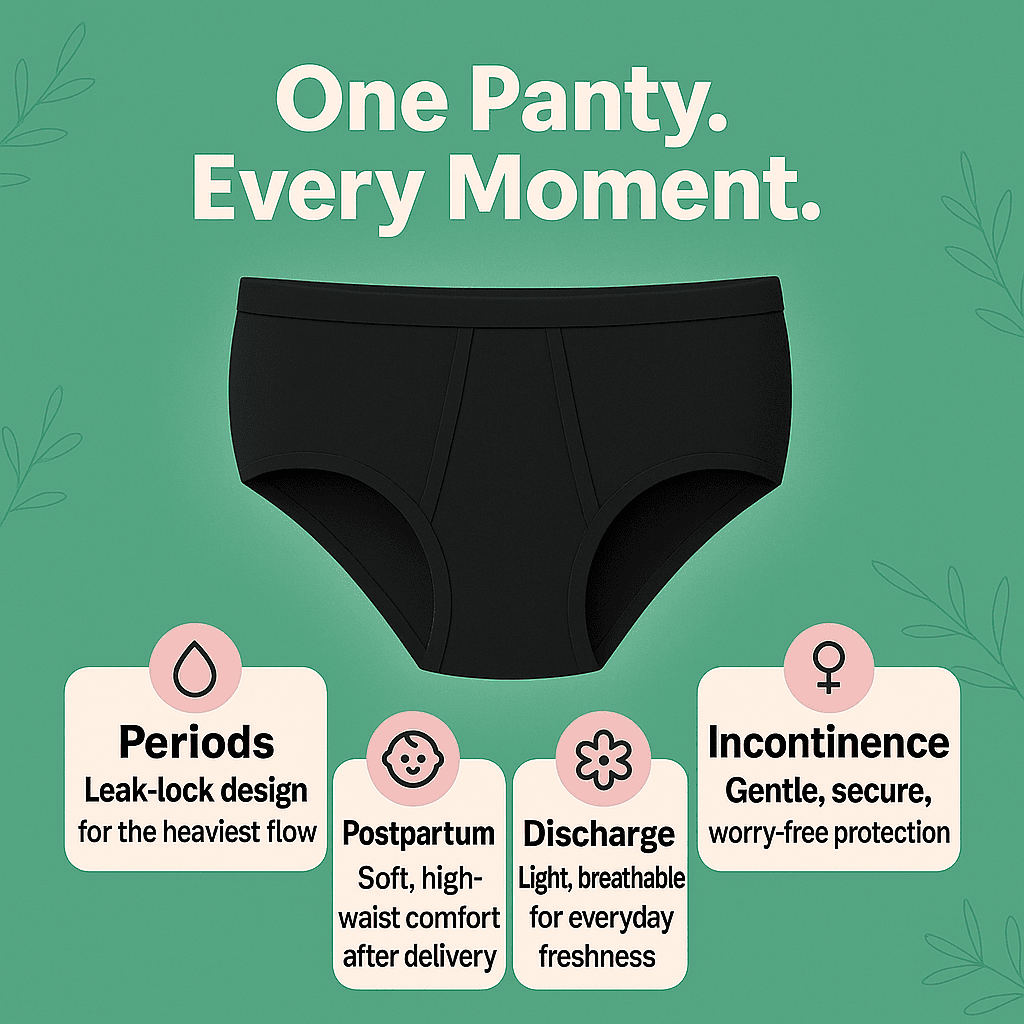 Black underwear with features for periods, postpartum, discharge, and incontinence on a green background.