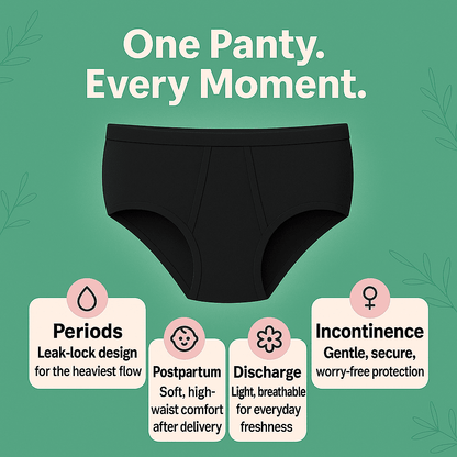 Black underwear with features for periods, postpartum, discharge, and incontinence on a green background.
