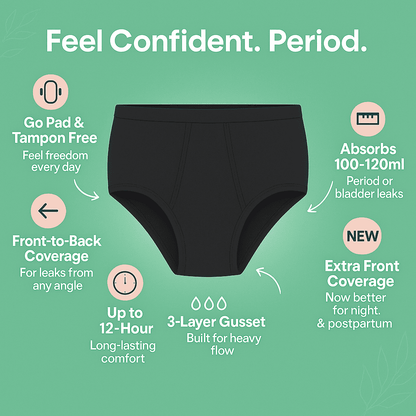 Black incontinence product with features highlighted on a green background