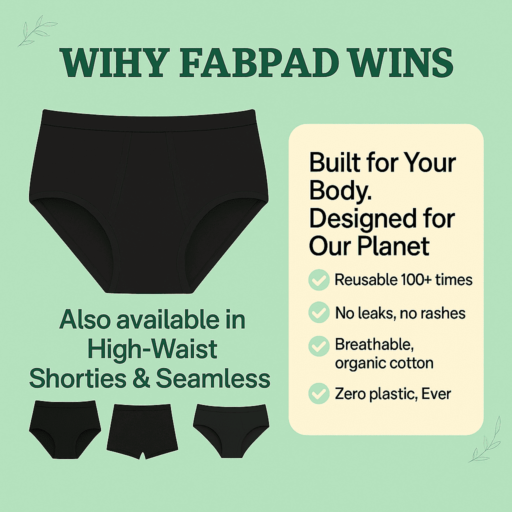Black women's underwear with green background and text highlighting Fabpad features.