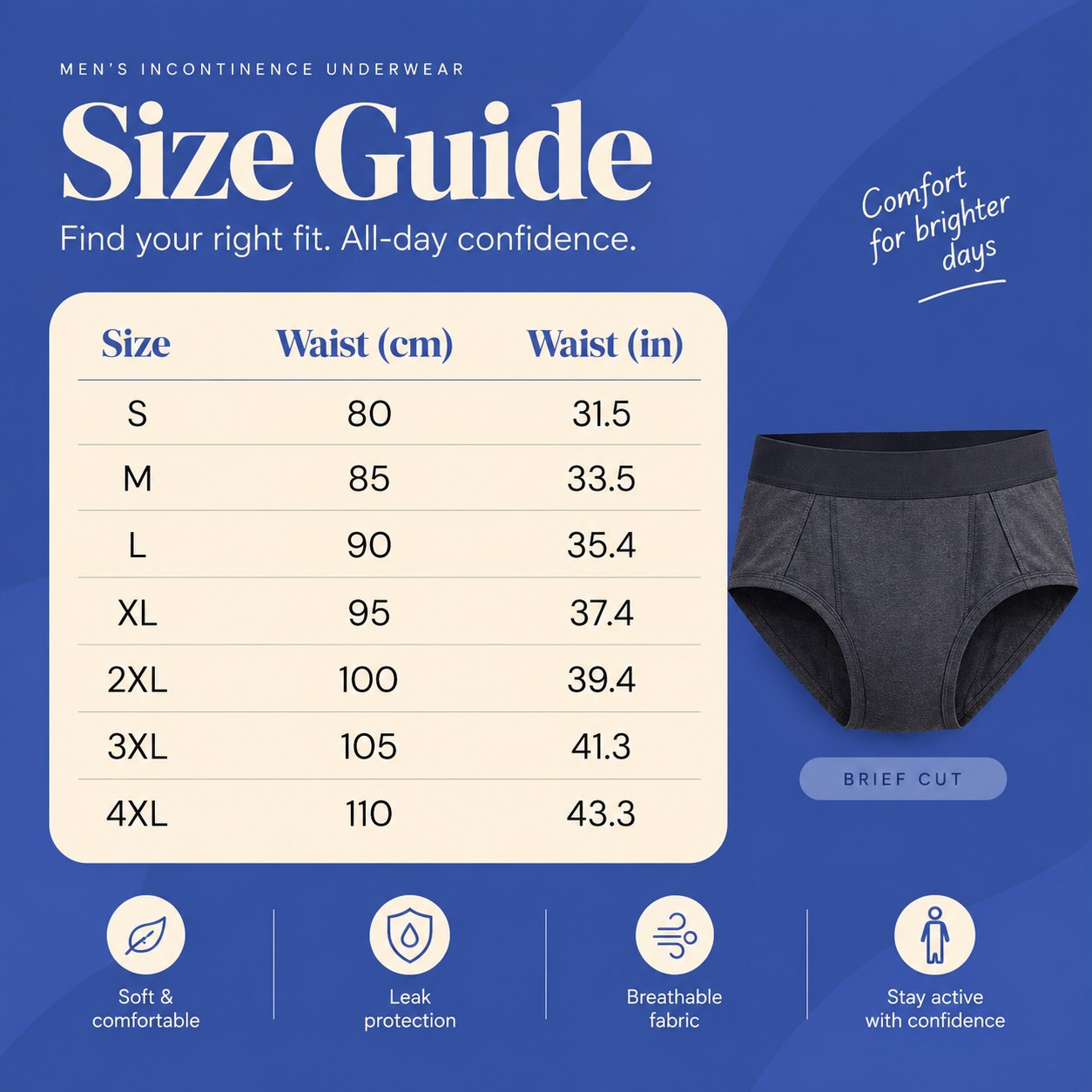 Size chart for Men's Incontinence Underwear (Briefs)