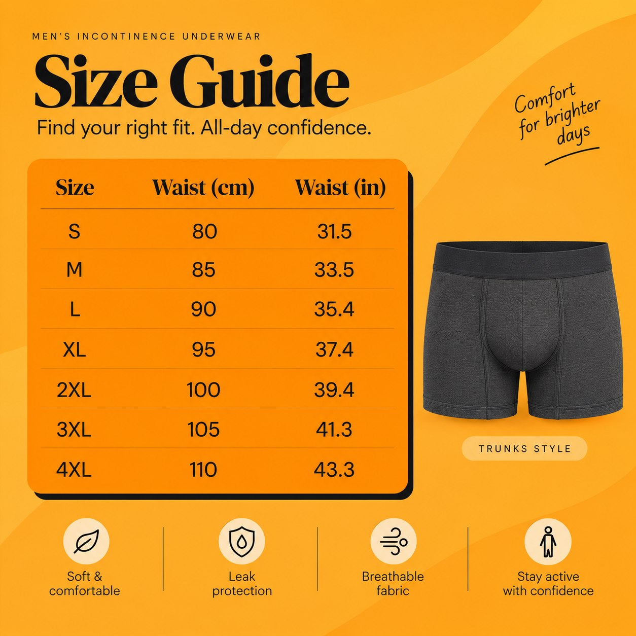 Size chart for Men's Incontinence Trunks