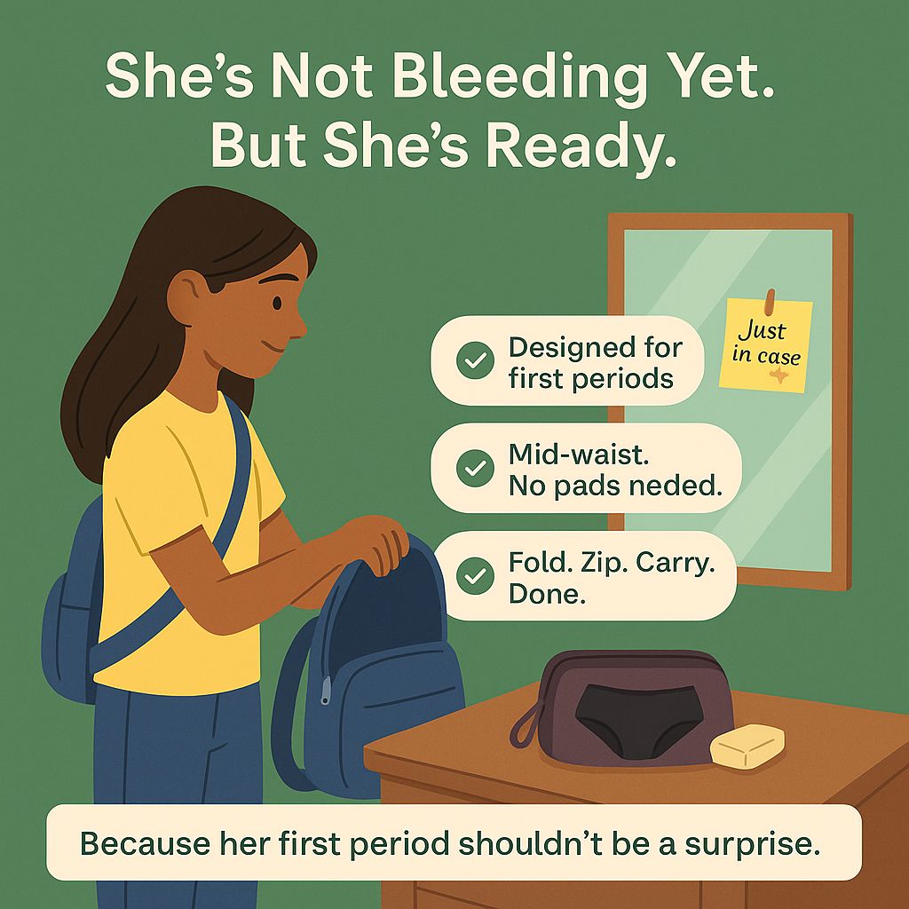 Illustration of a girl preparing for her first period with a bag and period products, on a green background.