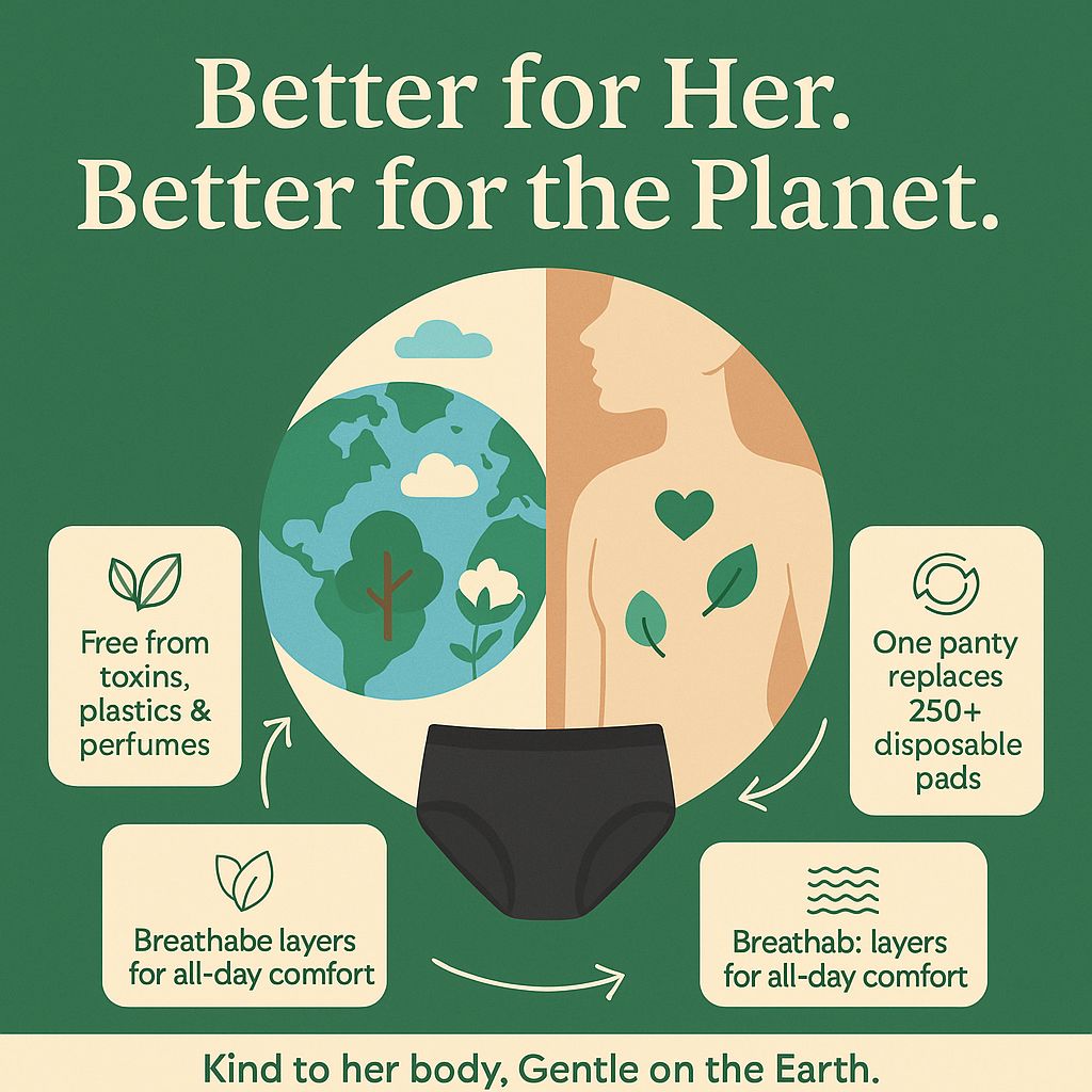 Product advertisement with text 'Better for Her. Better for the Planet.' on a green background.
