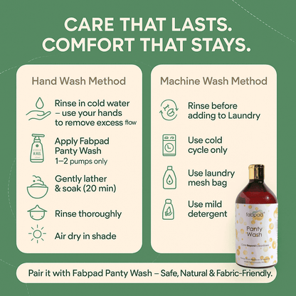Instructions for using Fabpad Panty Wash with icons and text on a green background