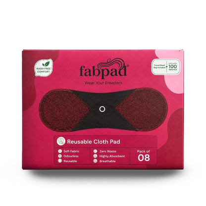 Fabpad Reusable Washable Sanitary Cloth Pads - Pack of 8 - Maroon