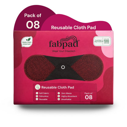 Fabpad Reusable Washable Sanitary Cloth Pads - Pack of 8 - Maroon